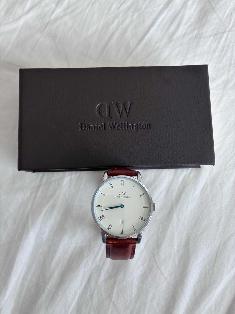 Daniel Wellington Silver Case Watch with Brown Leather Strap and White Dial